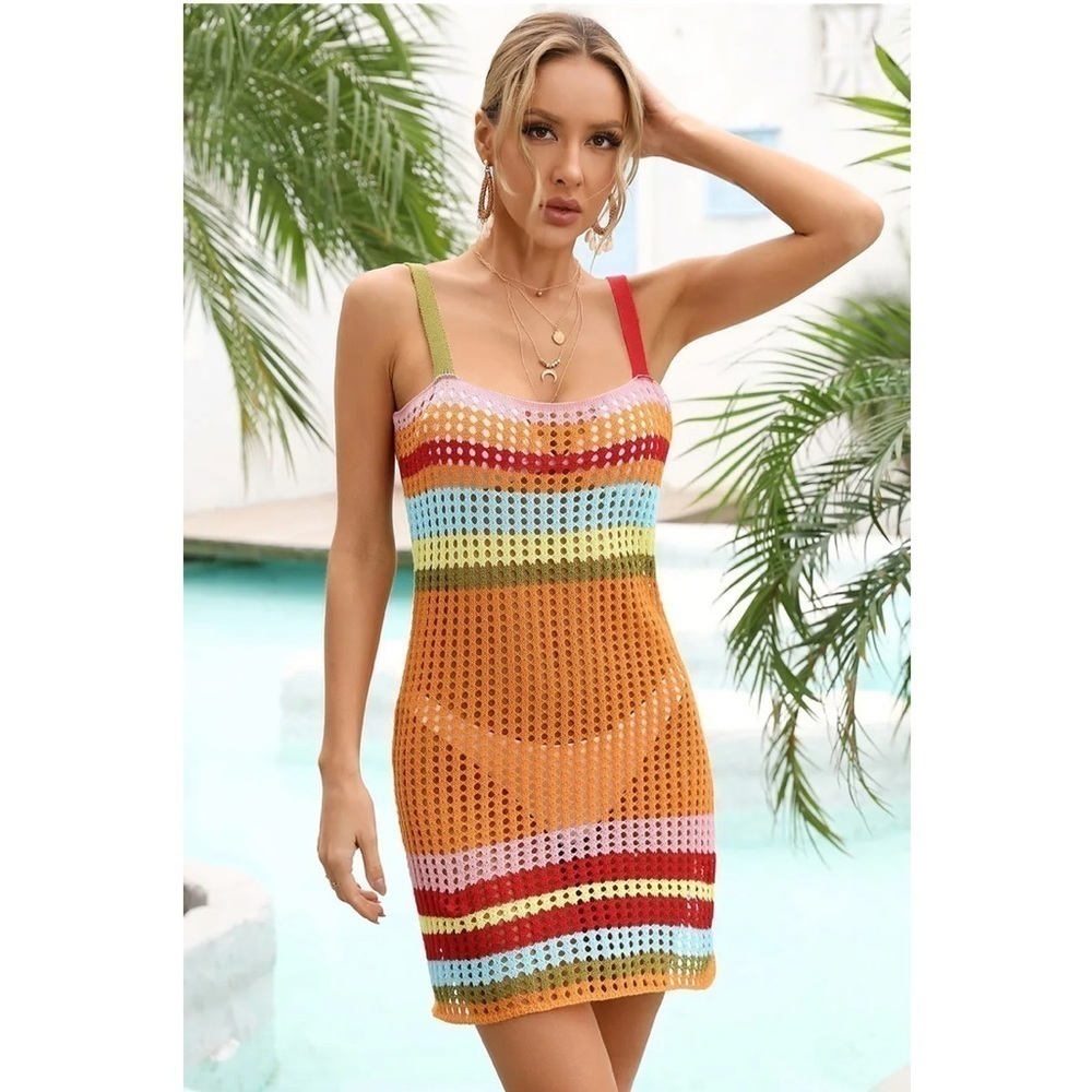 Orange Striped Color block Hollow Out Cover Up Dress